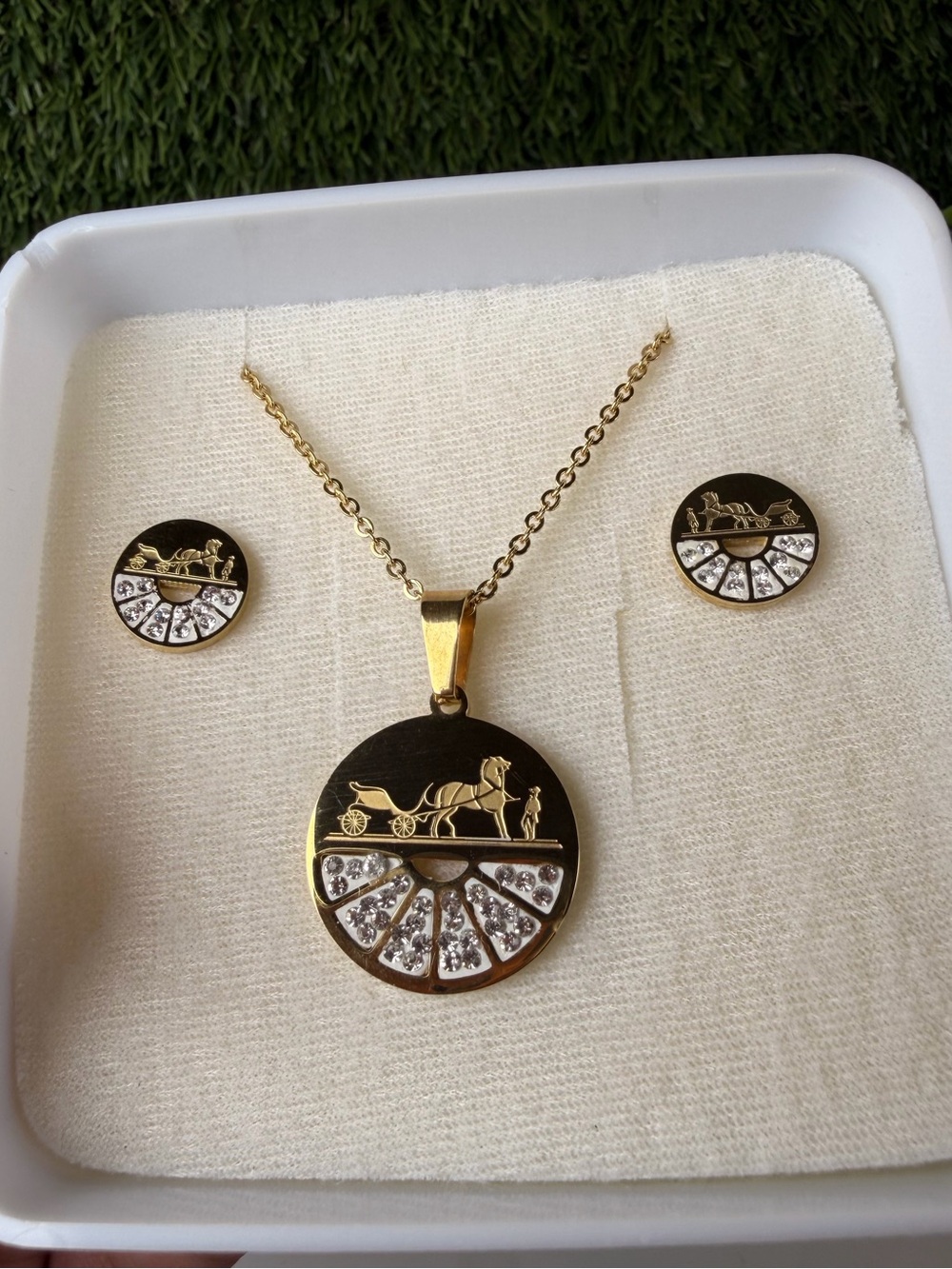 Gold-Tone Horse & Carriage Pendant Necklace and Earring Set